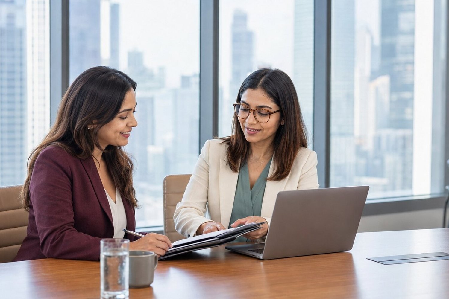 Indian businesswoman and colleague reviewing a working capital proposal in a boardroom meeting