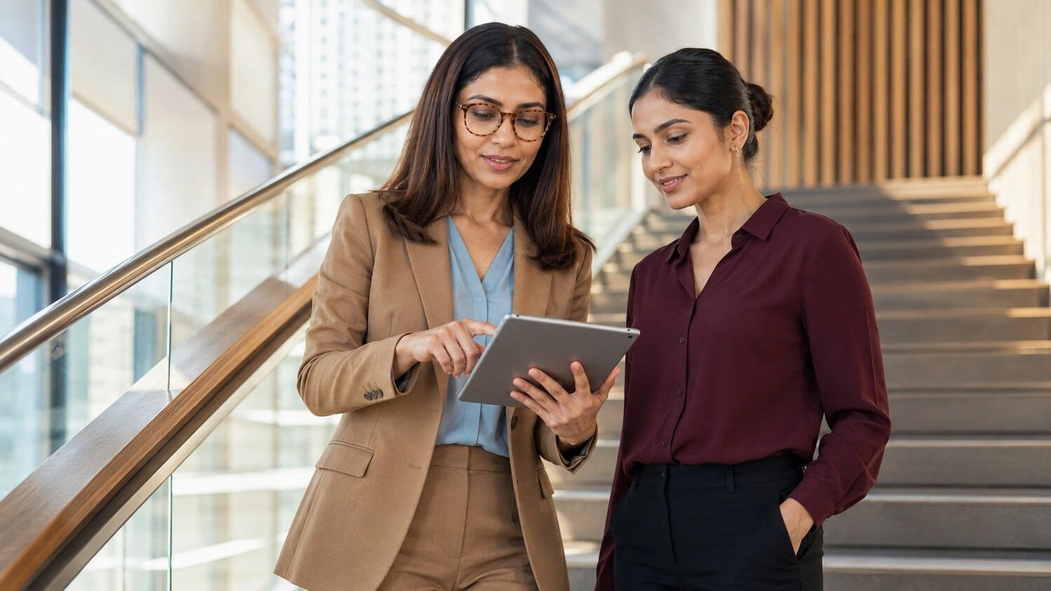 Two Businesswomen Reviewing Data on Tablet in Office Stairwell
