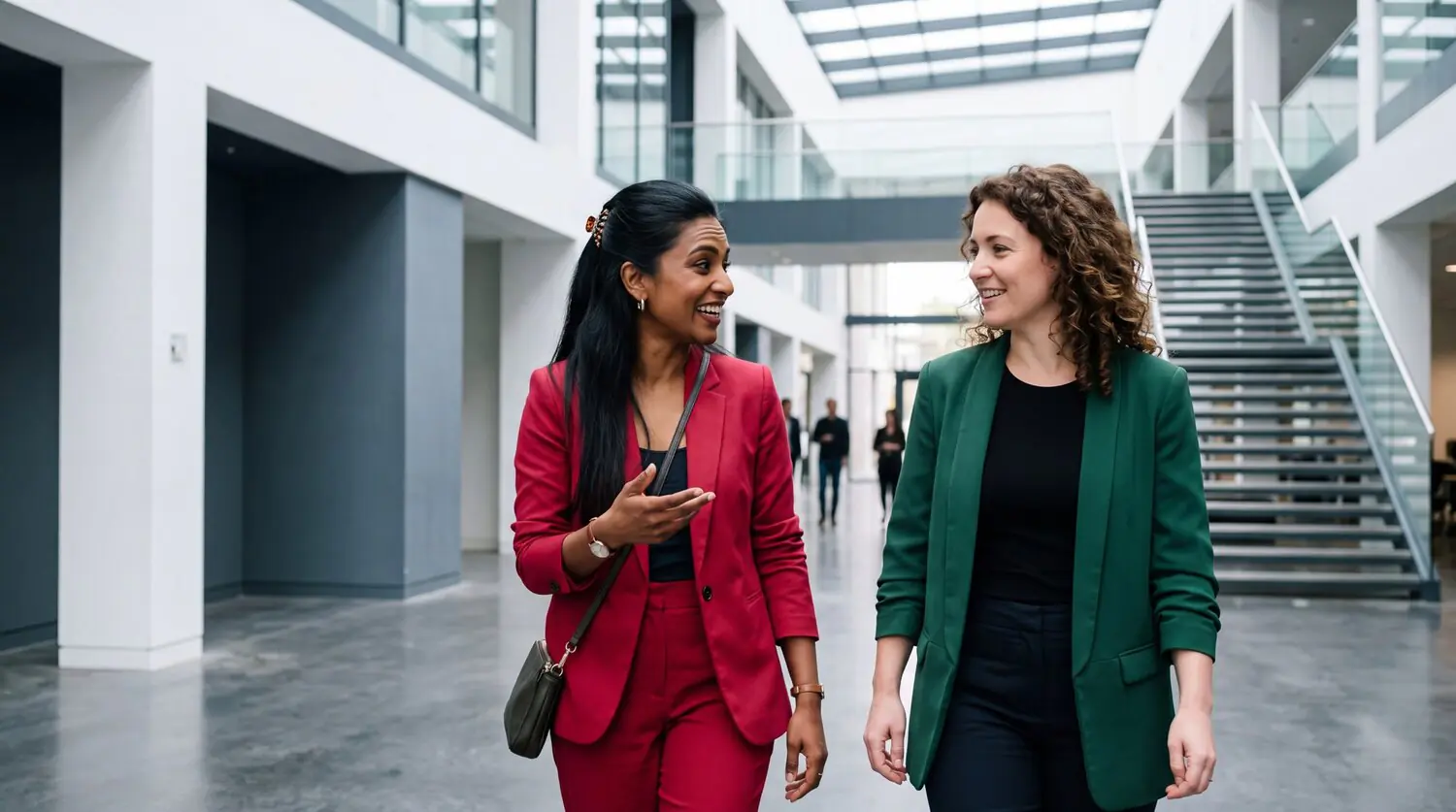 Smiling Diverse Businesswomen Walking And Talking In Modern Office Hallway