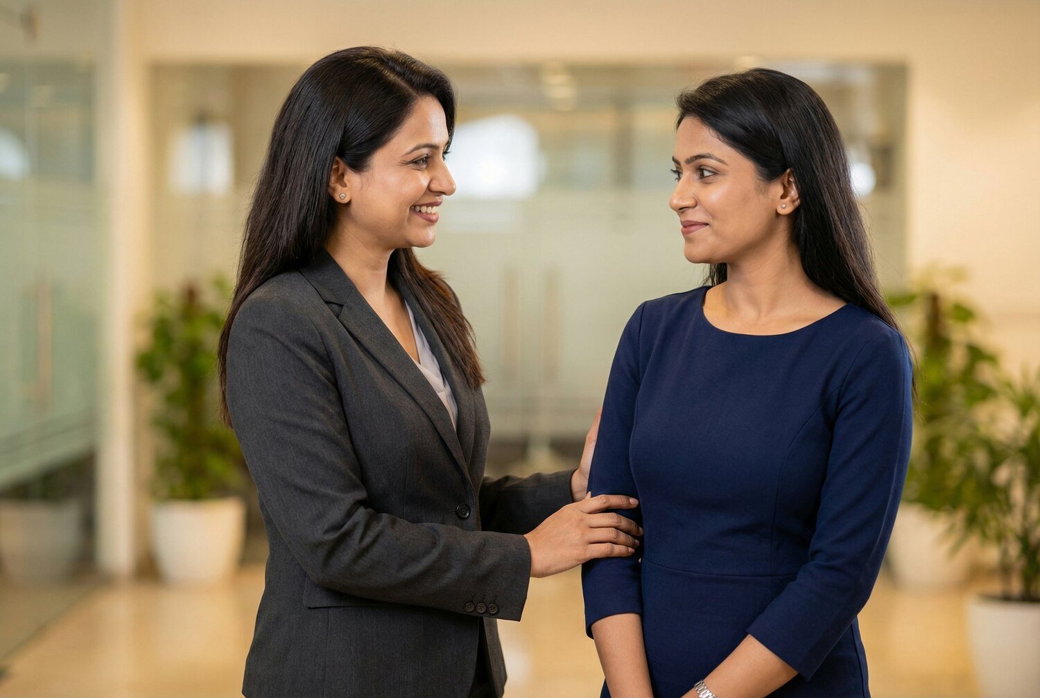 Two Smiling Indian Female Professionals Talking In Bright Modern Office Environment Support
